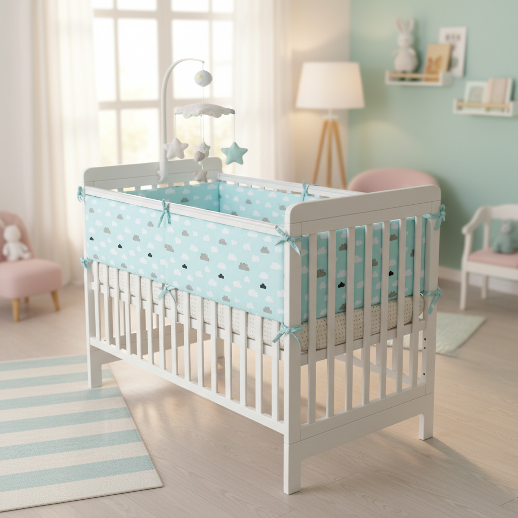 tour de lit bebe bleu nuages en situation