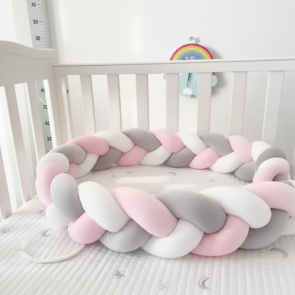 tresse de lit 4m rose blanc gris sur lit bebe blanc