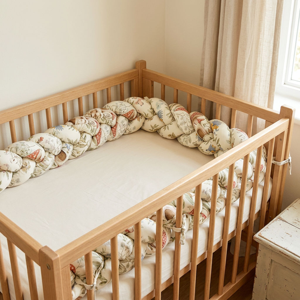 tresse de lit bebe creme a motifs floraux dans un lit en bois chambre aux tons naturels