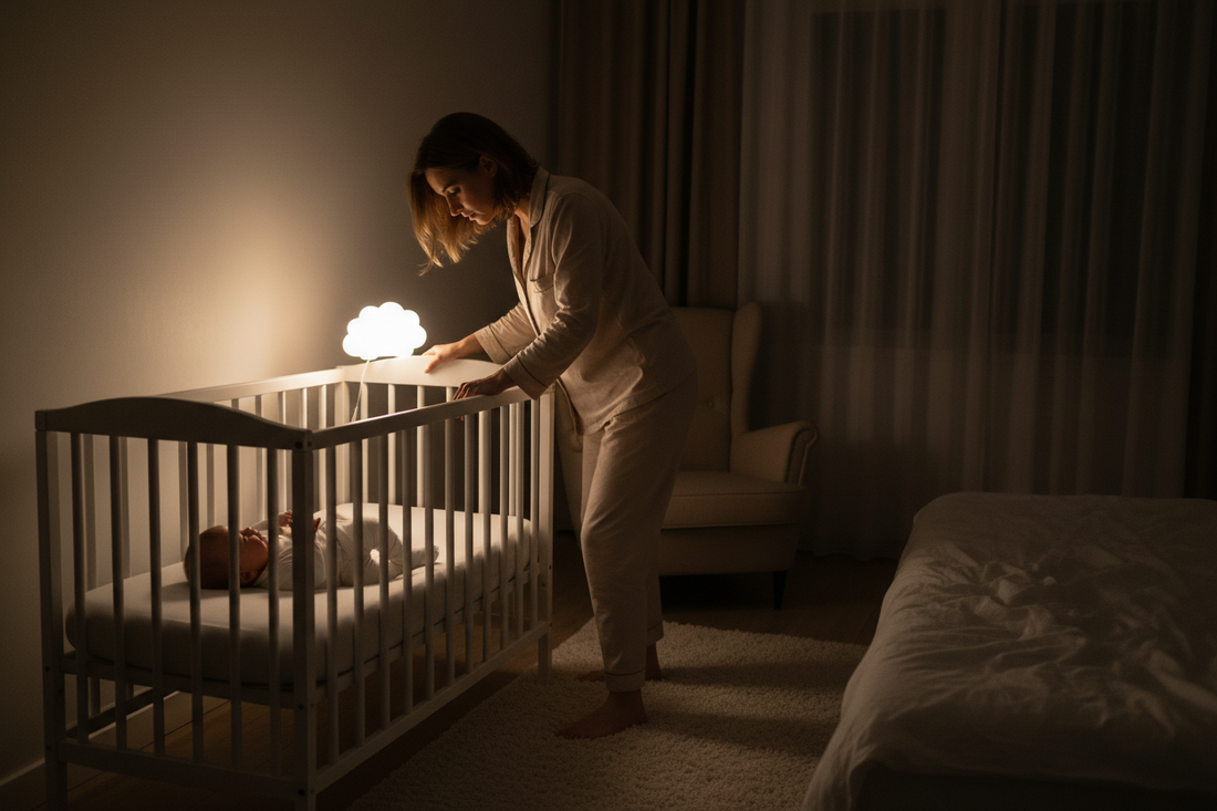 maman se leve nuit bebe pleure lit barreaux veilleuse lumiere chaude