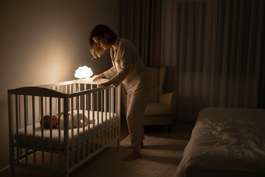 maman se leve nuit bebe pleure lit barreaux veilleuse lumiere chaude
