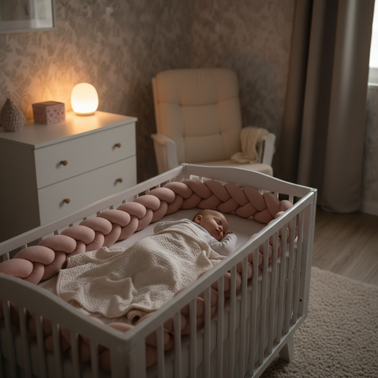 bebe endormi nuit lit barreaux blanc tresse de lit rose veilleuse lumiere chaude