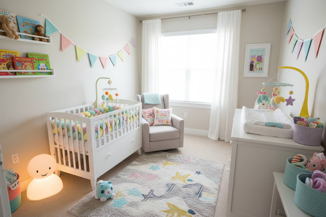 Chambre de bébé bien aménagée avec lit, décoration murale et accessoires pour préparer l'arrivée de bébé