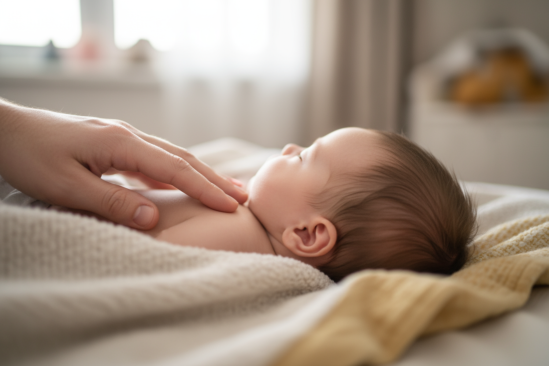 Parent vérifiant la température de bébé en touchant sa nuque pendant la nuit