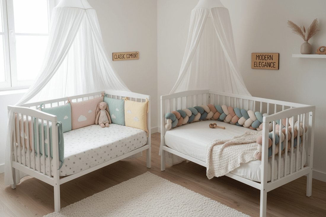 Tour de lit bébé à gauche et tresse de lit tressée à droite dans un lit de bébé