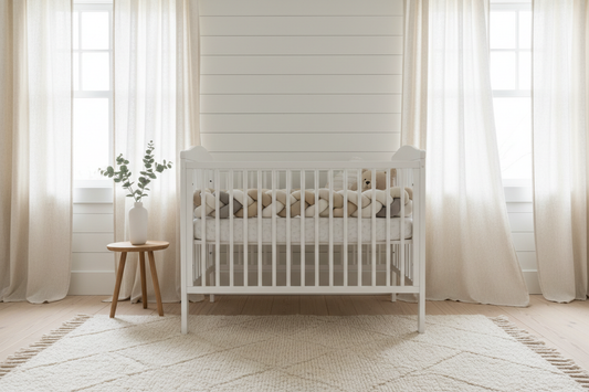 Tresse de lit 3m blanc crème installée autour d'un lit bébé en bois blanc dans une nursery scandinave lumineuse