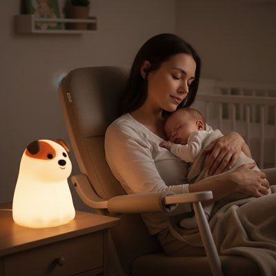Maman avec bébé utilisant une veilleuse en forme de chien pour créer une ambiance apaisante dans la chambre