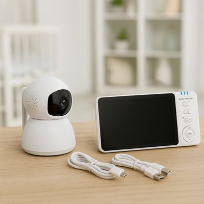 Caméra de surveillance blanche à côté d'un écran de contrôle noir, avec deux câbles usb posés sur une table en bois. 