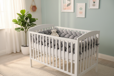 Tresse de lit bébé 4m grise sur lit bébé blanc – décoration et protection douce pour tour de lit