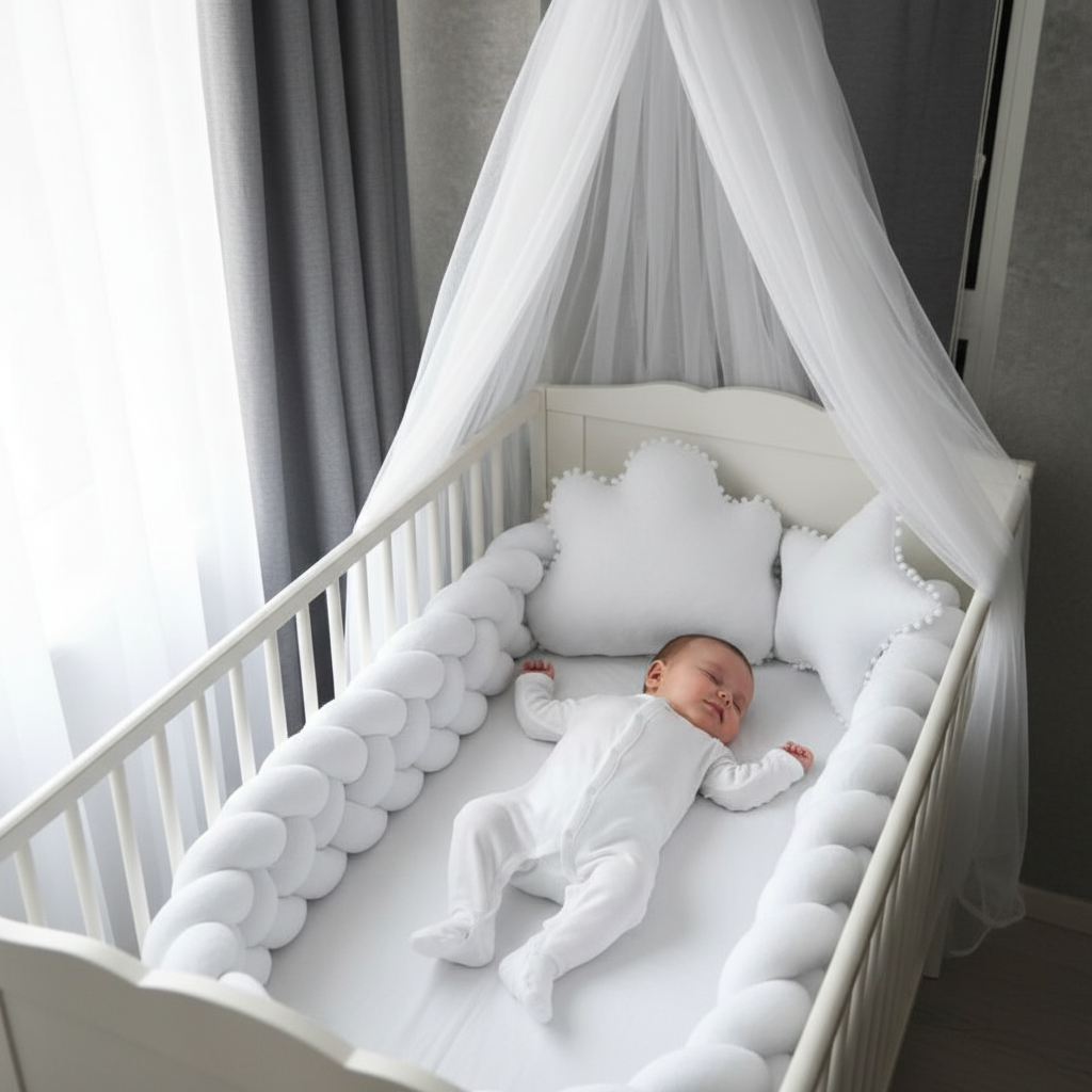 Bébé endormi en sécurité grâce au tour de lit tressé blanc 3m 