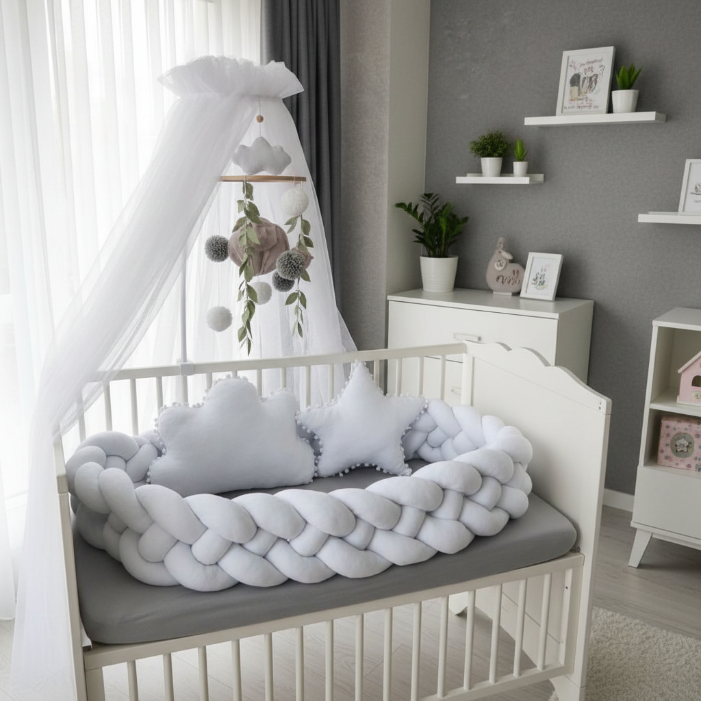 Décoration chambre bébé avec tresse de lit blanche style scandinave 