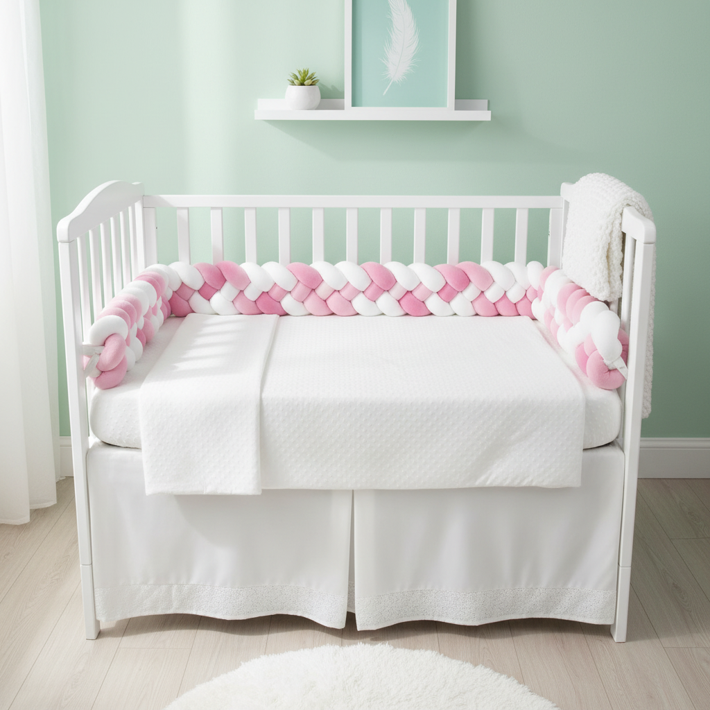 Tour de lit tressé rose et blanc dans un berceau complet, décor nurserie pastel apaisant