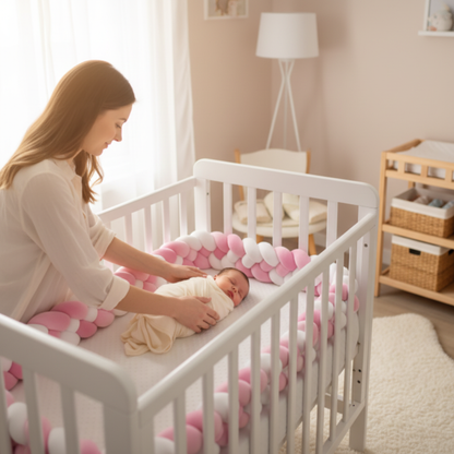 Tour de lit tressé rose et blanc, maman et bébé dans un berceau en bois blanc, nurserie douce et apaisante
