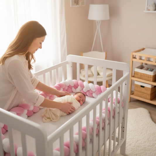 Tour de lit tressé rose et blanc, maman et bébé dans un berceau en bois blanc, nurserie douce et apaisante