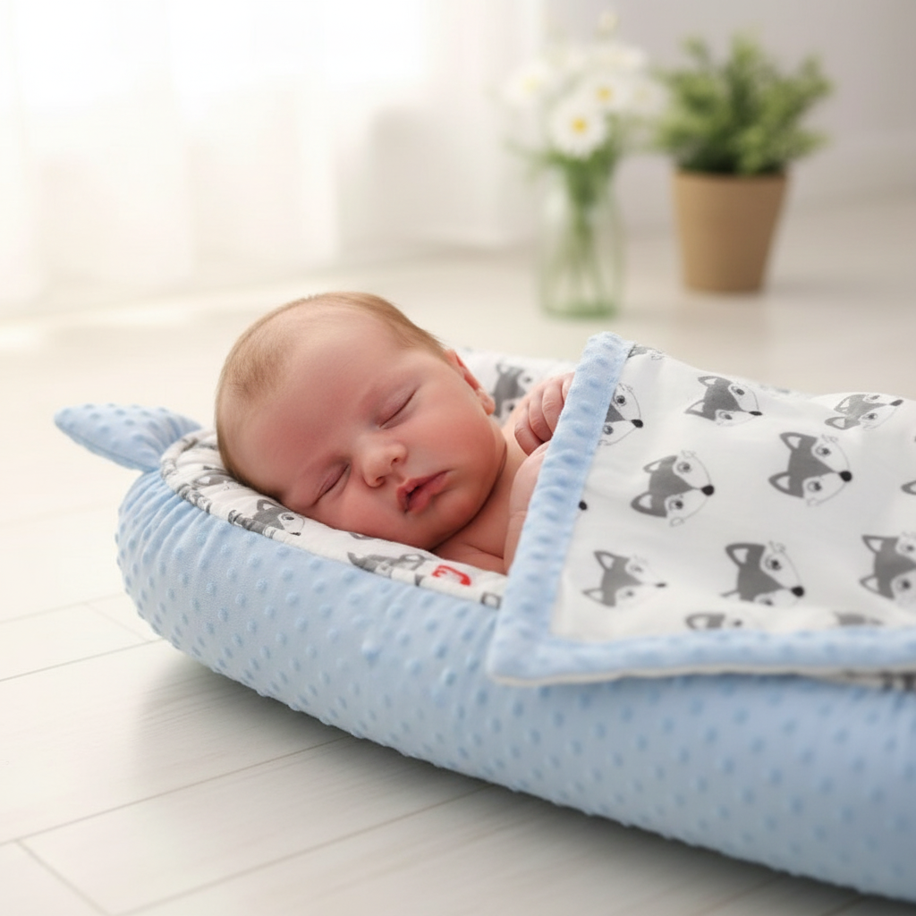 Bébé de peau claire dormant dans le cocon bleu FOX