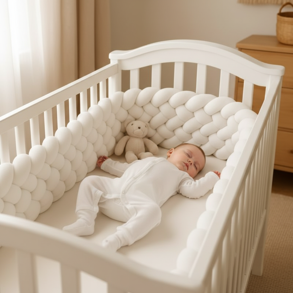 Bébé dormant dans lit avec tour tressé blanc
