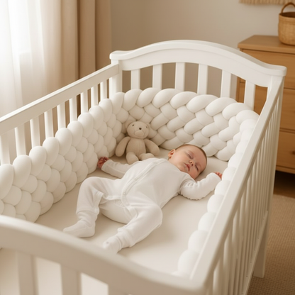 Bébé dormant dans lit avec tour tressé blanc
