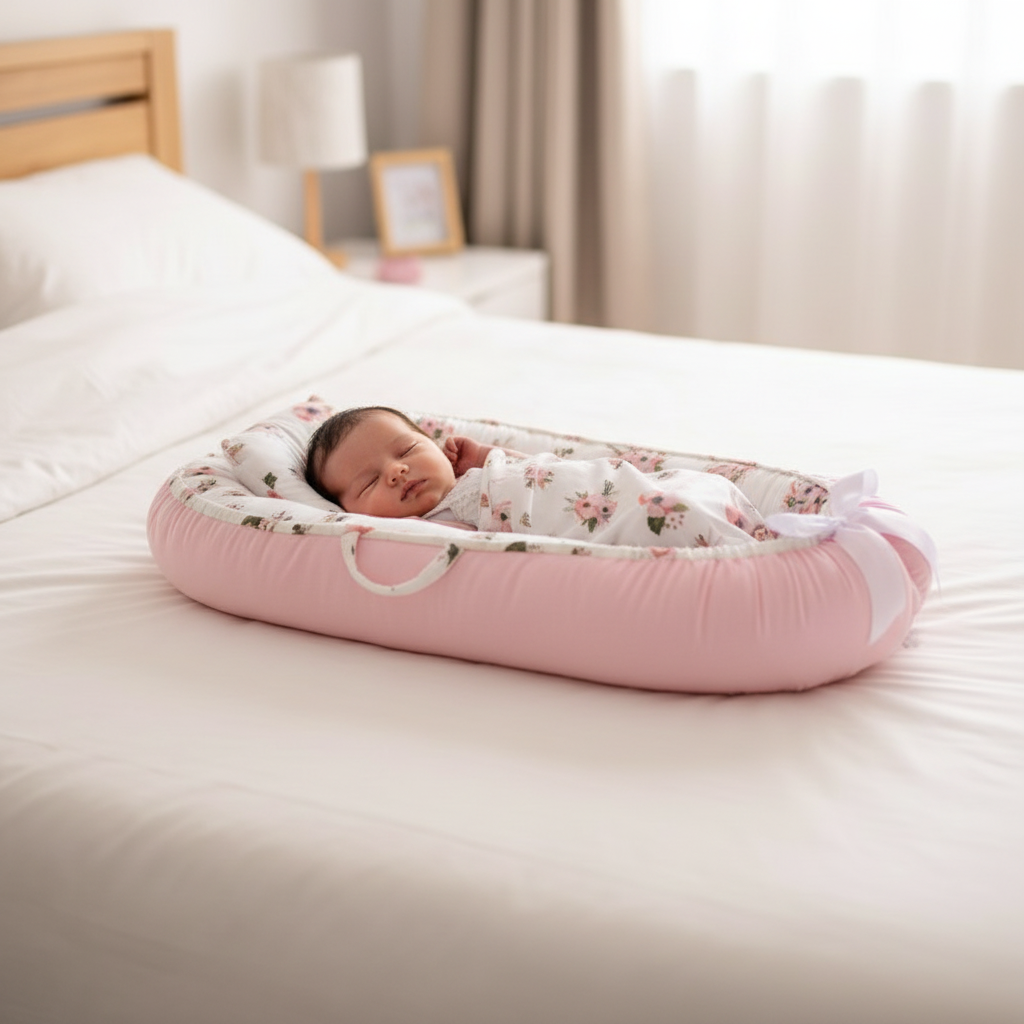 Bébé dort dans réducteur rose