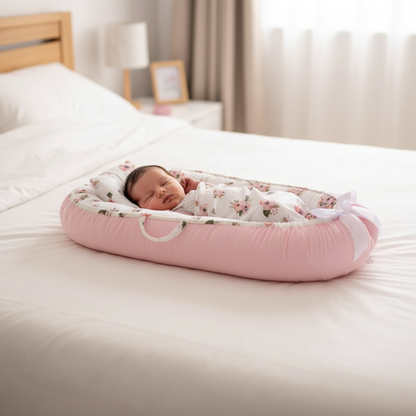 Bébé dort dans réducteur rose