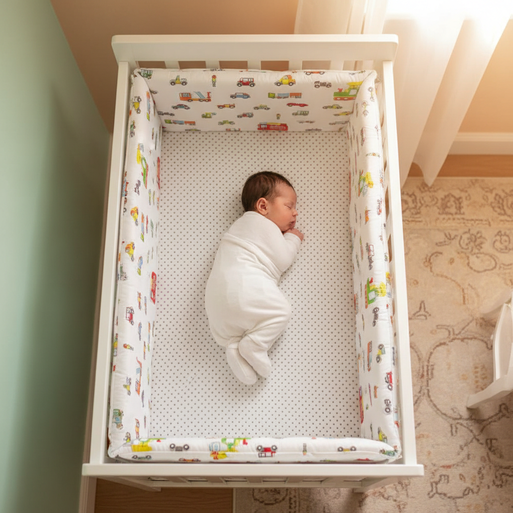 Bébé endormi en sécurité dans son lit avec tour de lit véhicules colorés