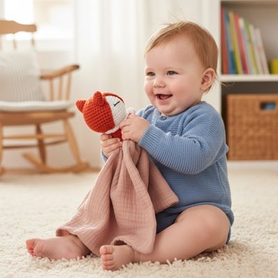 bébé joue avec Doudou renard 