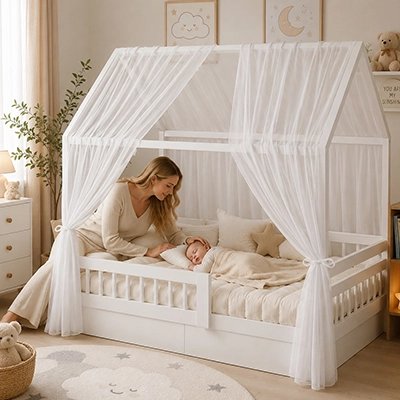 Ciel de lit enfant blanc maman caresse bebe