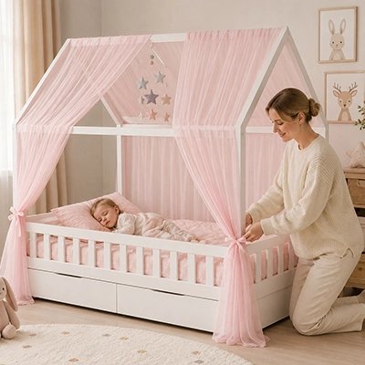 Ciel de lit enfant rose maman noue le voile