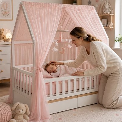 Ciel de lit enfant rose maman touche bébé