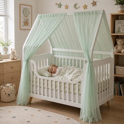 Ciel de lit enfant vert bébé qui dort