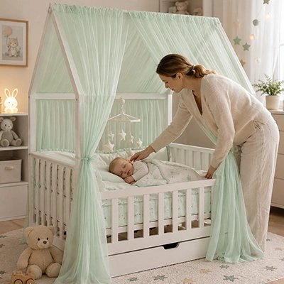 Ciel de lit enfant vert maman couche bébé