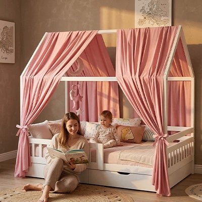 Ciel de lit rose maman lit histoire bebe