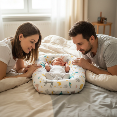 Cocon bebe Bambi entre les parents sur le lit