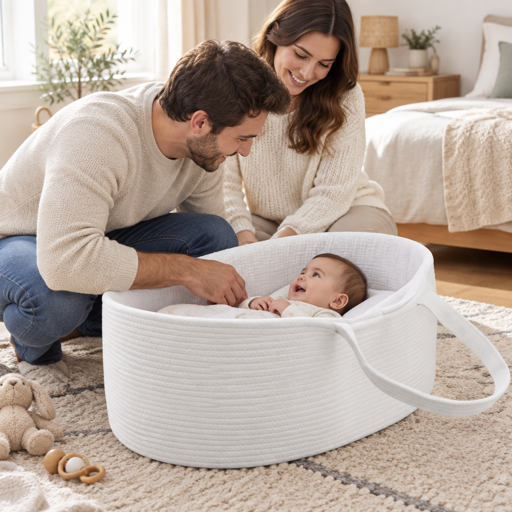 couffin blanc dans une chambre familiale joyeuse