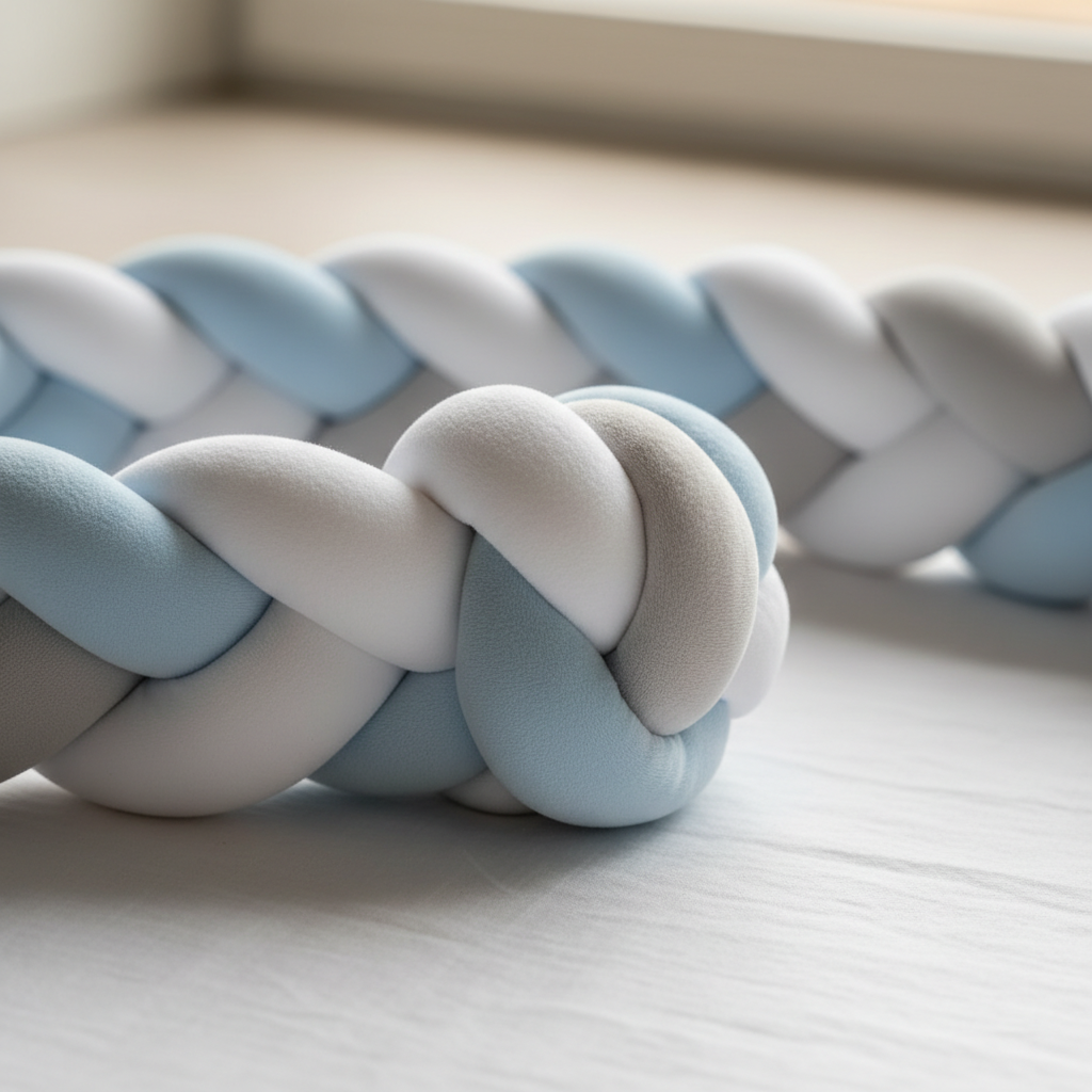 Détail tresse de lit bébé 4m – matière douce tressée blanc gris bleu