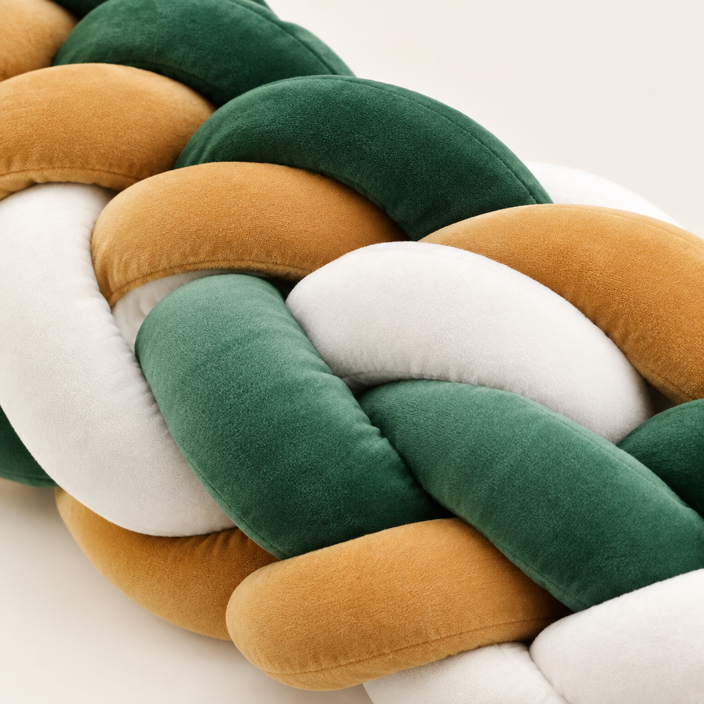 tresse de lit bebe verte creme et ocre 4 m detail du tissu et des brins tresses