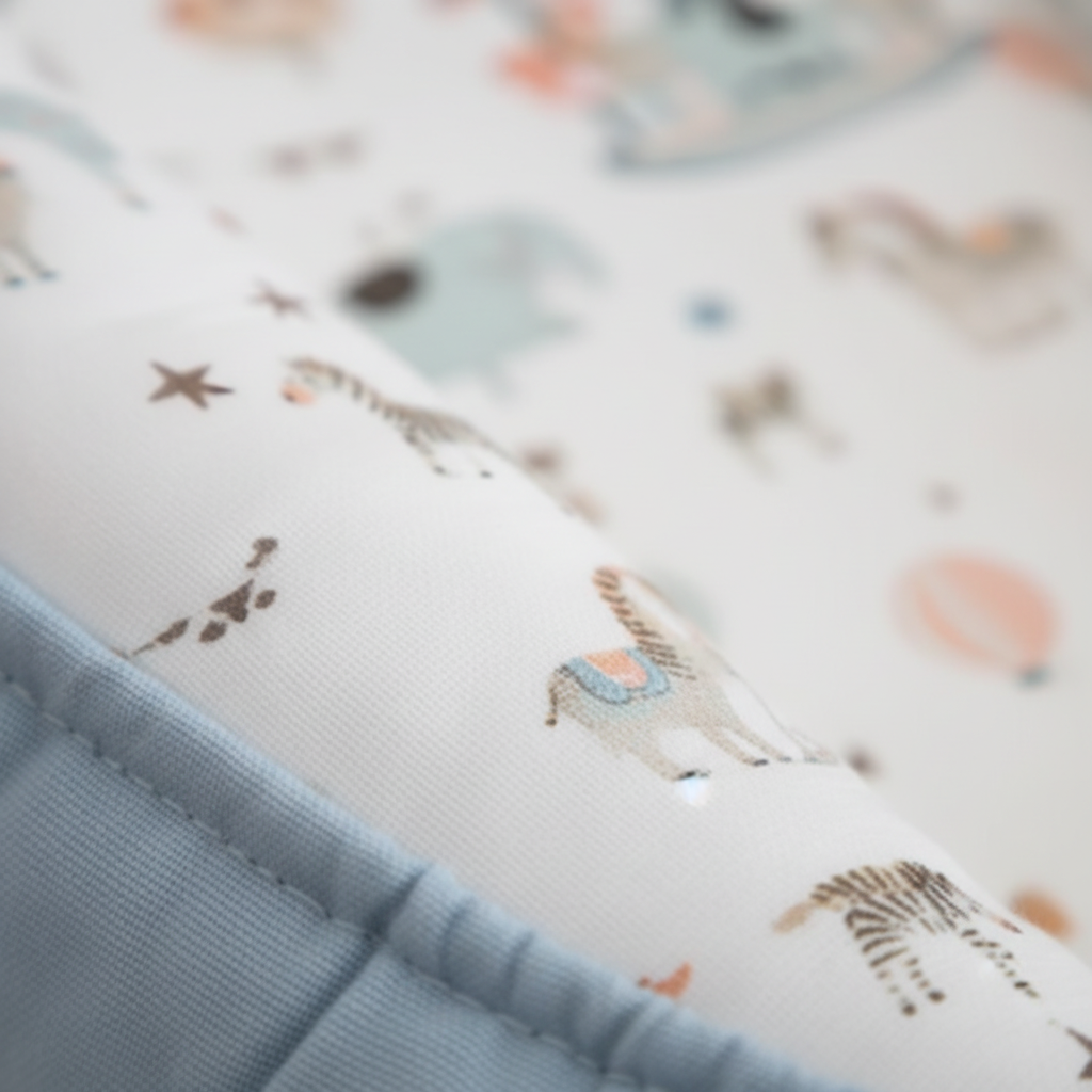 Detail tissu reducteur de lit bebe motif cirque