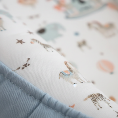 Detail tissu reducteur de lit bebe motif cirque
