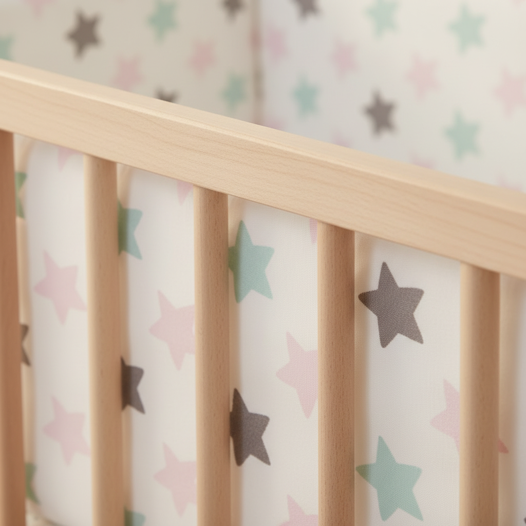 Detail tissu tour de lit bebe etoiles pastel gris menthe rose