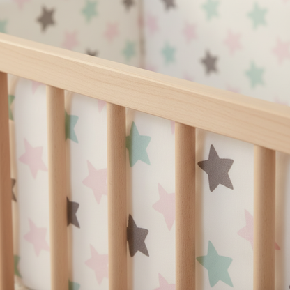 Detail tissu tour de lit bebe etoiles pastel gris menthe rose