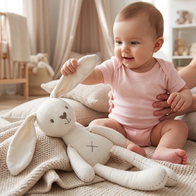 Doudou lapin couché avec bebe