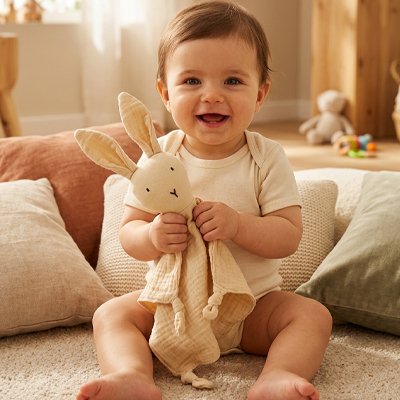 Doudou lapin dans bras garçon