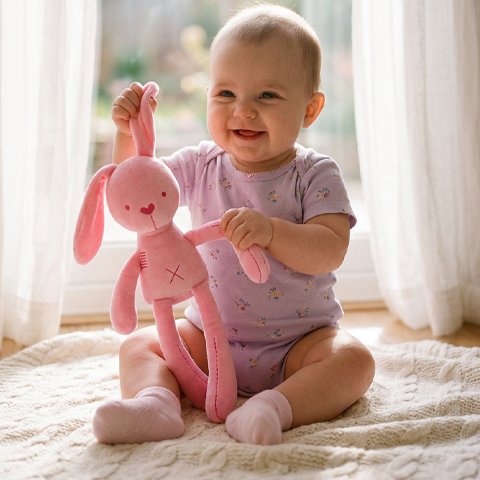Doudou lapin dans les bras de bebe
