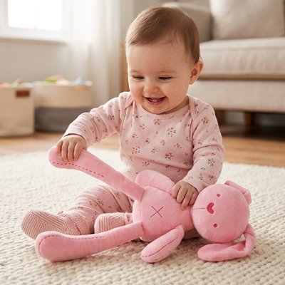 Doudou lapin sur genou bebe
