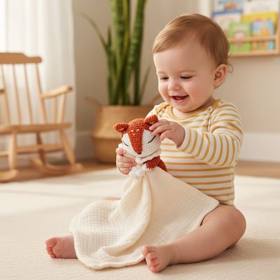Doudou renard sur genoux de bébé