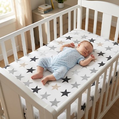 Drap housse lit bebe dort sur dos