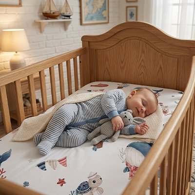 Drap housse lit bébé doudou dans bras