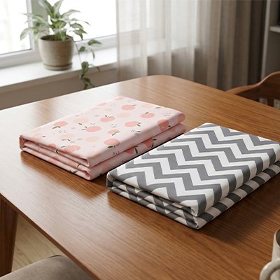 Drap housse lit bebe posé sur table