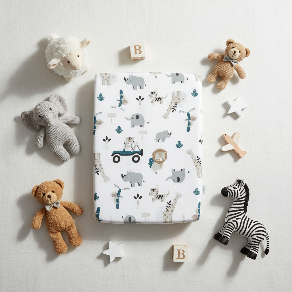 drap housse lit bebe motif animaux jungle blanc flat lay vue dessus jouets peluches