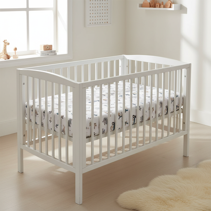 drap housse lit bebe animaux jungle blanc coton sur lit barreaux chambre nordique