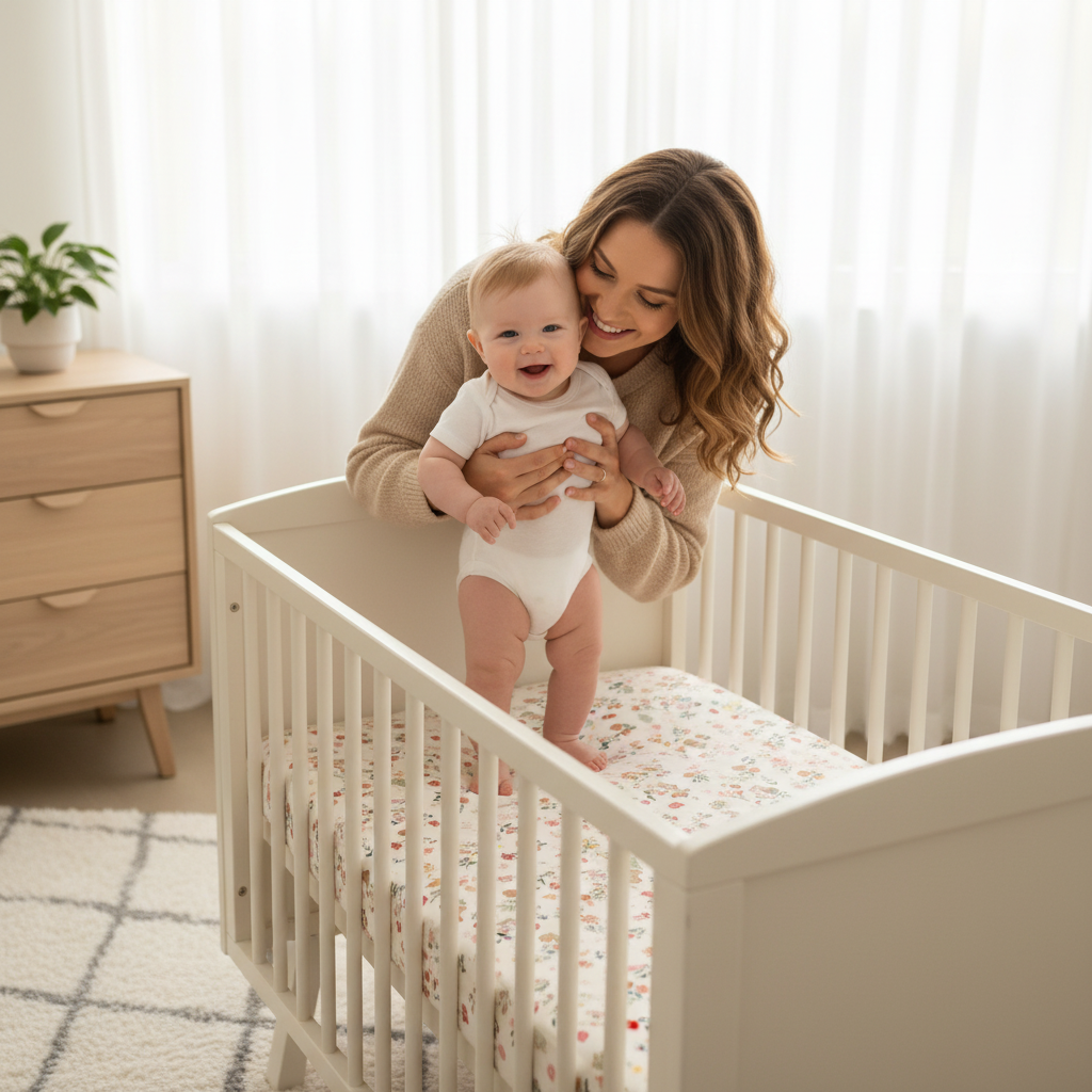 drap housse pour bebe fleuri rose creme bebe eveille dans bras maman lit barreaux